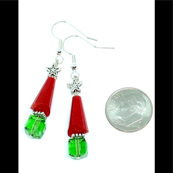 Red Opaque Glass Green Crystal Cube and Cone Silver Star Christmas Tree Earrings - Picture 2 of 2